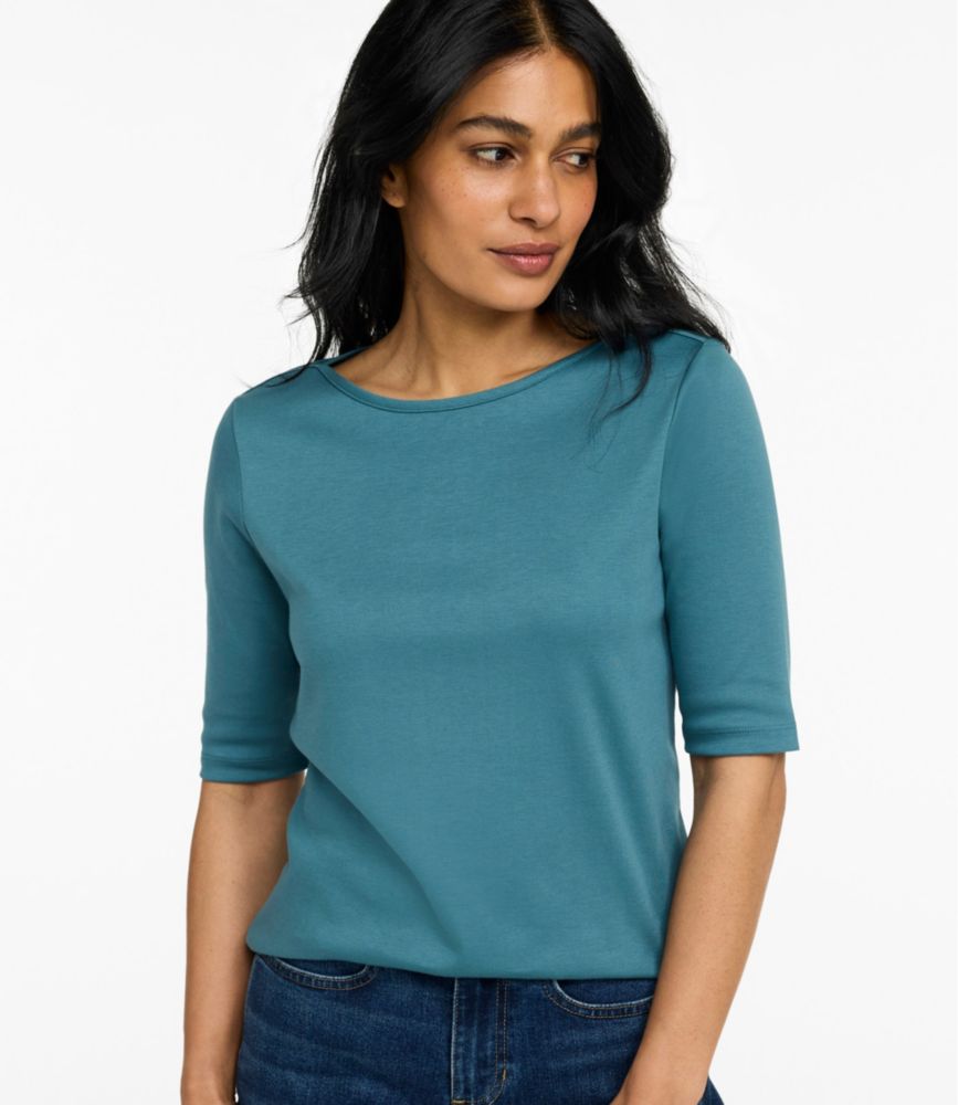 Women's Pima Cotton Tee, Elbow-Sleeve Boatneck - US 0285