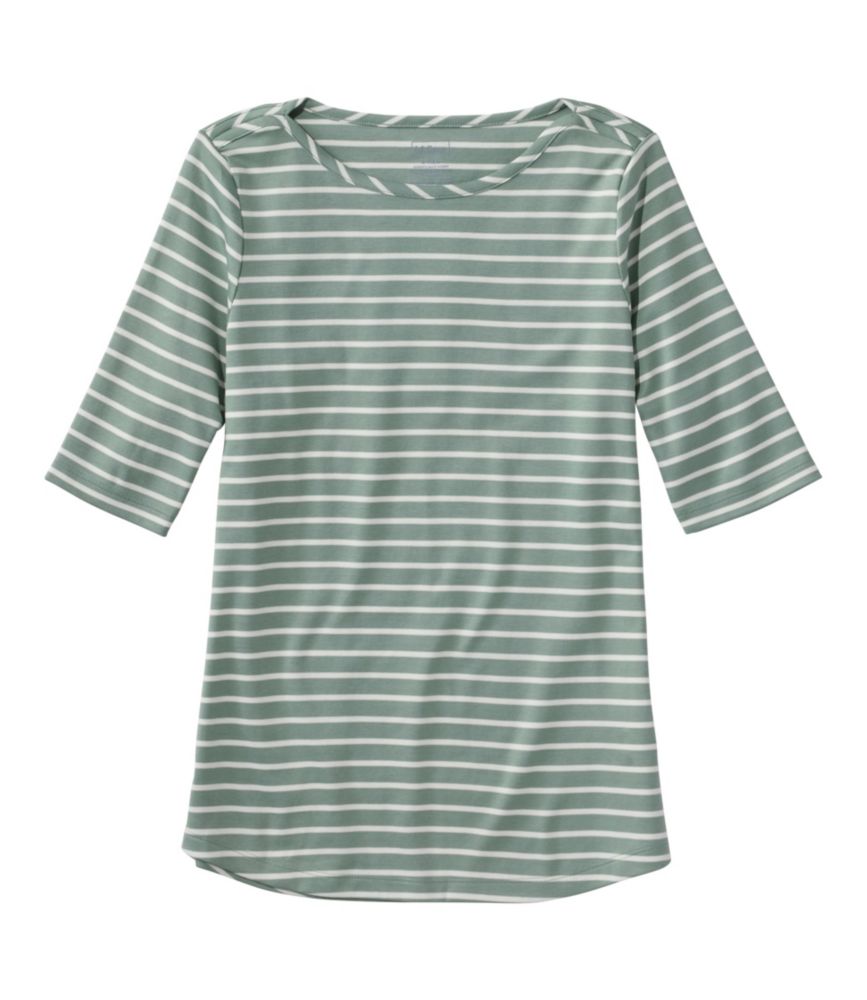 Women's Pima Cotton Tee, Elbow-Sleeve Boatneck Stripe - US 3536