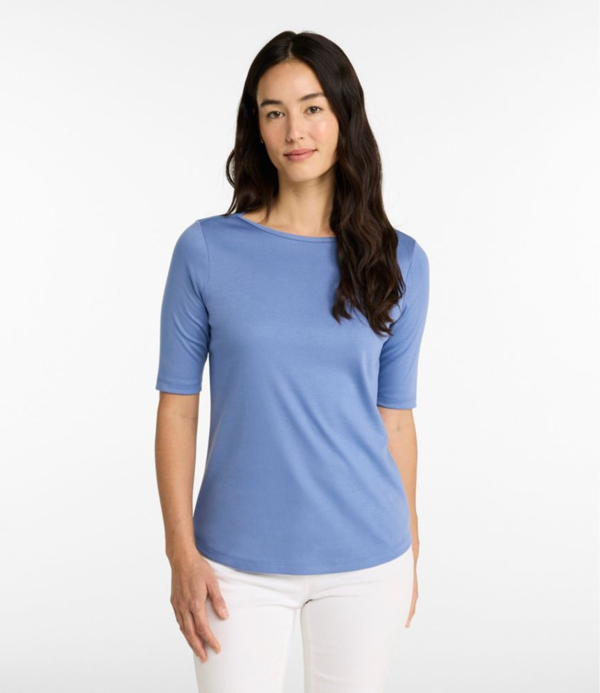Women's Pima Cotton Tee, Elbow-Sleeve Boatneck - US 9077