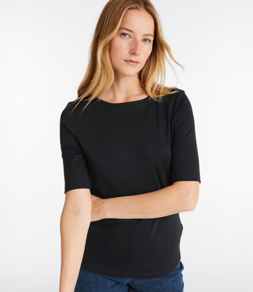 Women's Pima Cotton Tee, Elbow-Sleeve Boatneck - US 3733