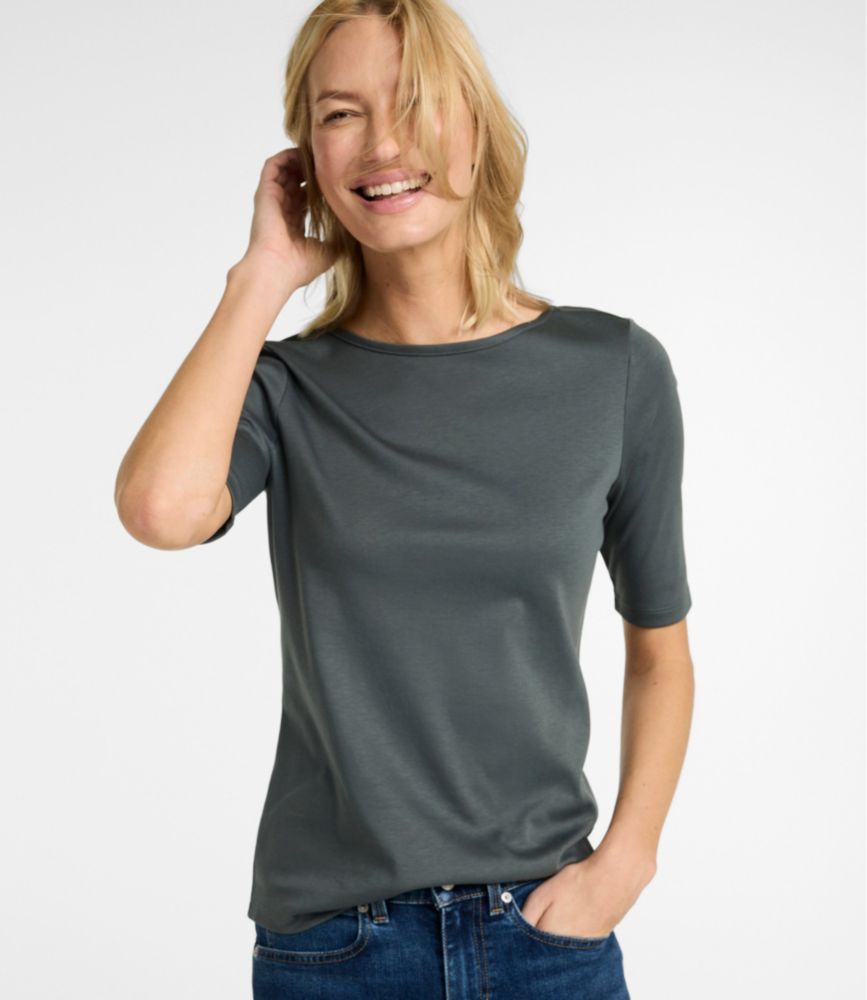 Women's Pima Cotton Tee, Elbow-Sleeve Boatneck - US 4172