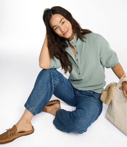 Women's Sunwashed Waffle Top, Mockneck Henley - US 0302