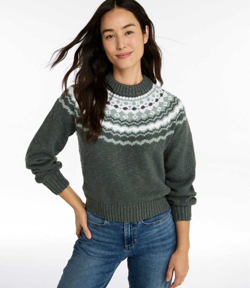 Women's Cotton Ragg Sweater, Relaxed Crewneck Fair Isle Yoke - US 5388