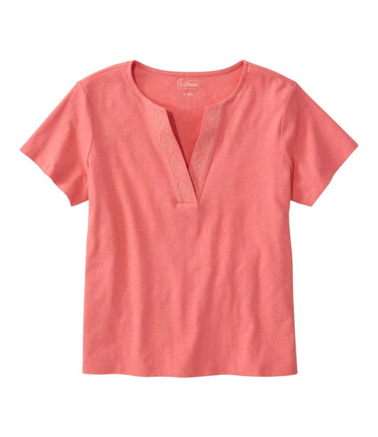Women's Lakeside Linen/Cotton Tee, Short-Sleeve Embroidered Splitneck - US 8781